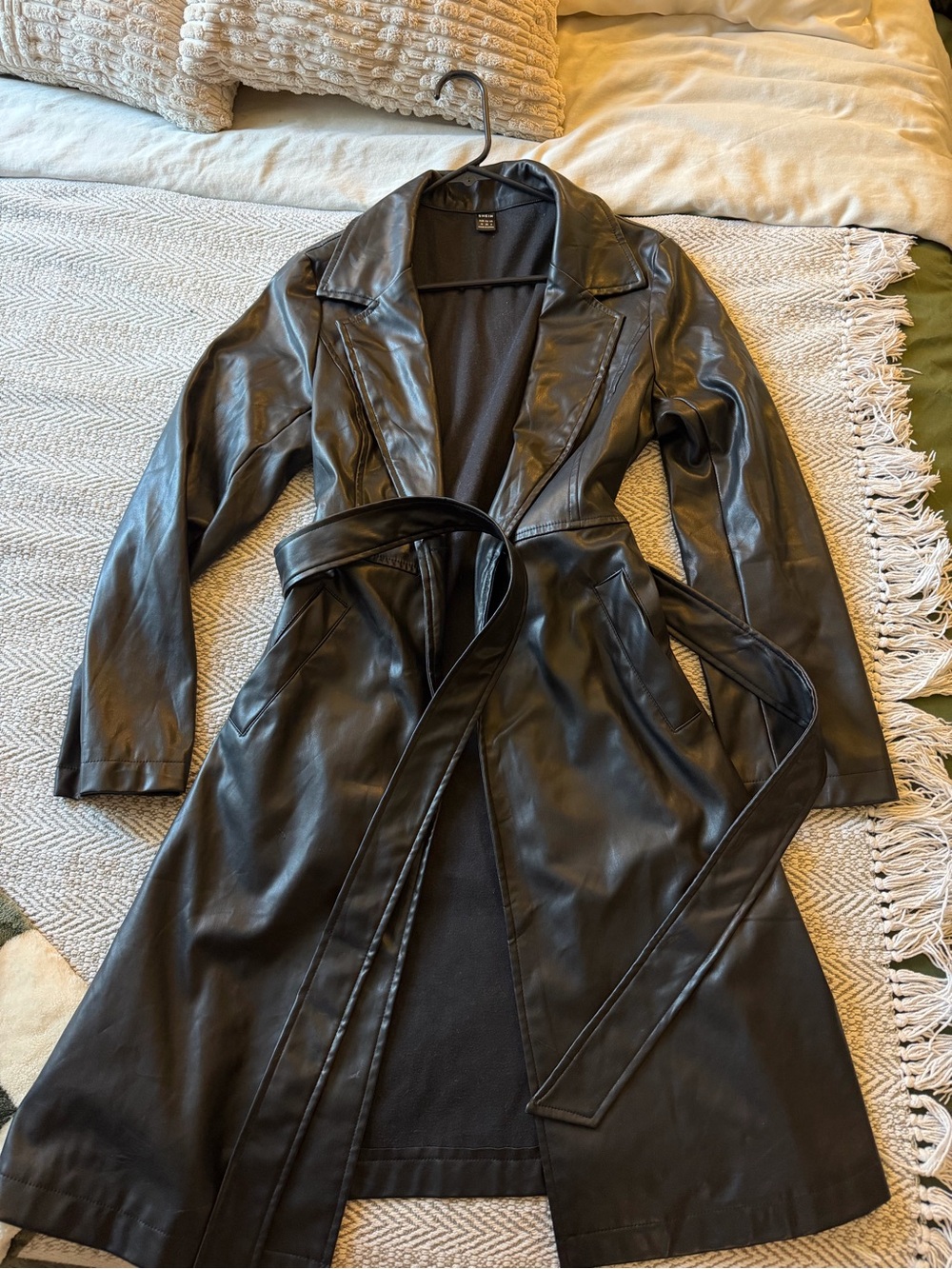 SHEIN Black Faux Leather Belted Trench